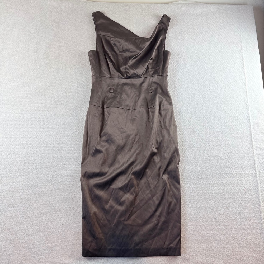 Black Halo Women Charcoal Gray Satin Asymmetrical Cowl Neck Sheath Midi Dress